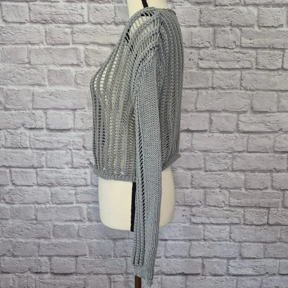 Miss Sparkling Sweater Grey Open Knit Crochet Crop Long Sleeve Women's Size S